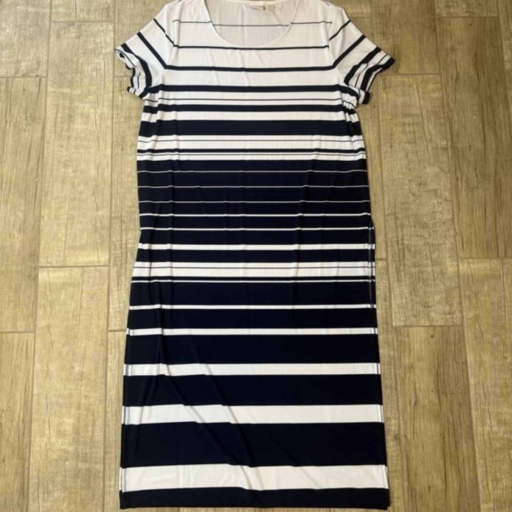 Chico's Navy & White Striped Tee Split Side Lightweight Maxi Dress Size 3 XL EUC